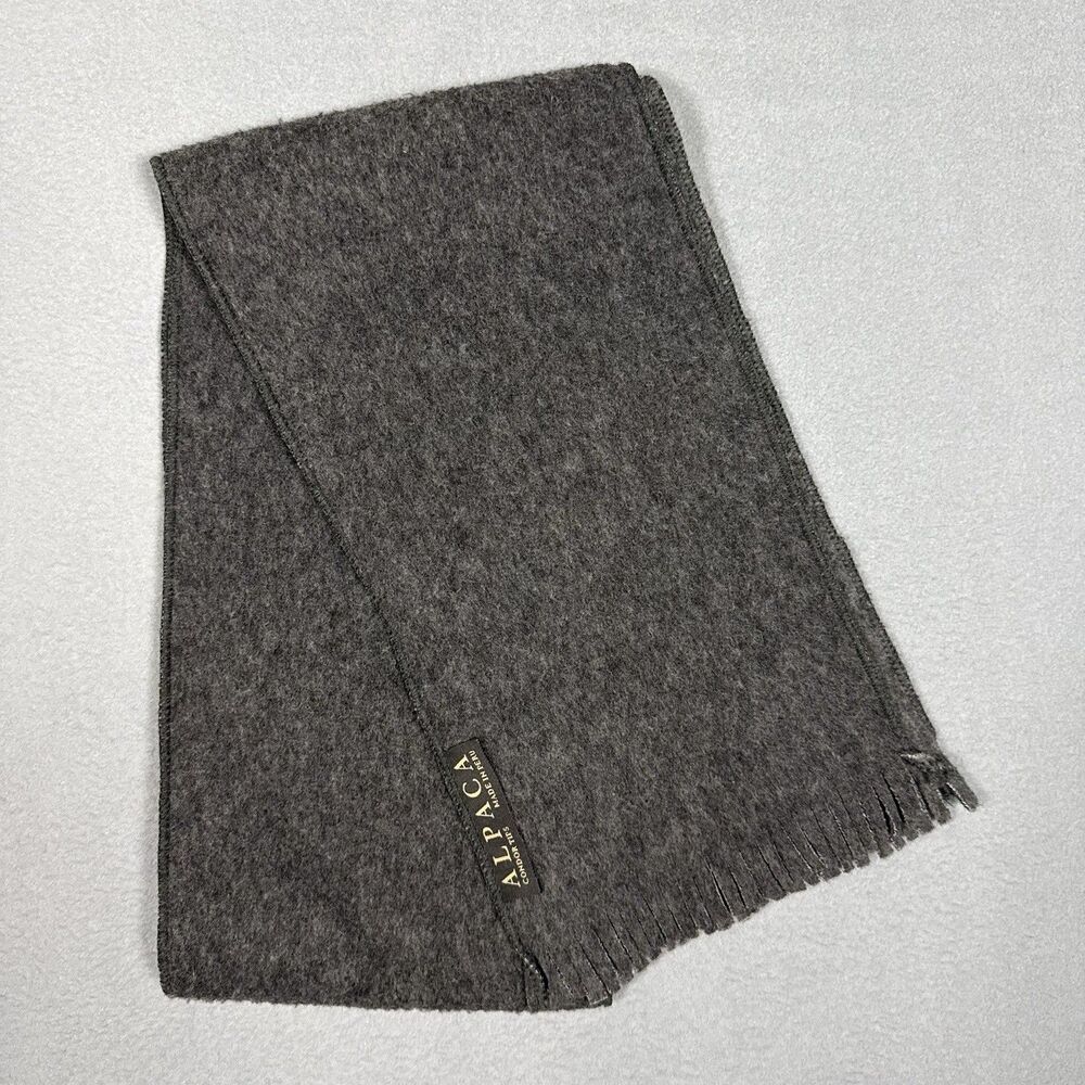 100% Alpaca Wool Coat Liner Scarf Charcoal Grey Fringe Condor Tips Made in Peru